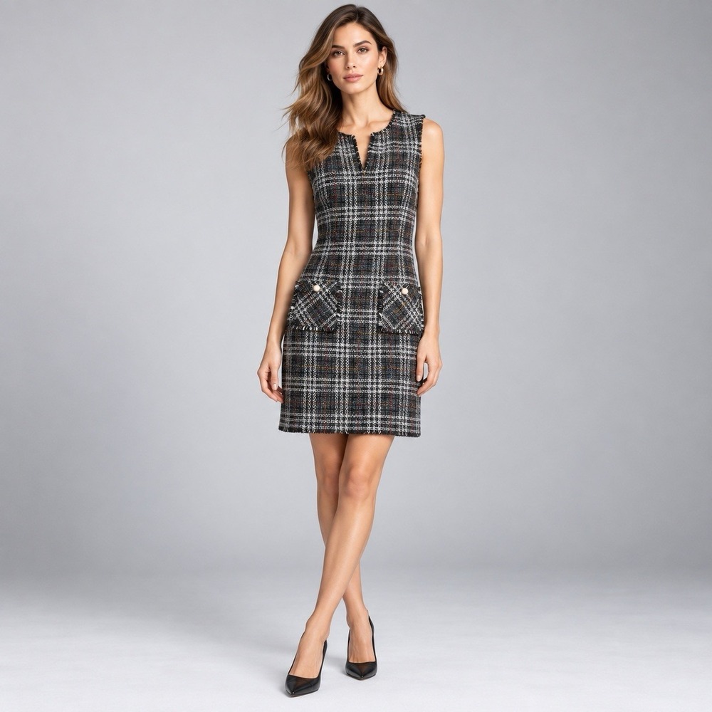 KARL LAGERFELD PARIS Womens New Dress 16 Tweed Sleeveless Shift Knit Multi Plaid